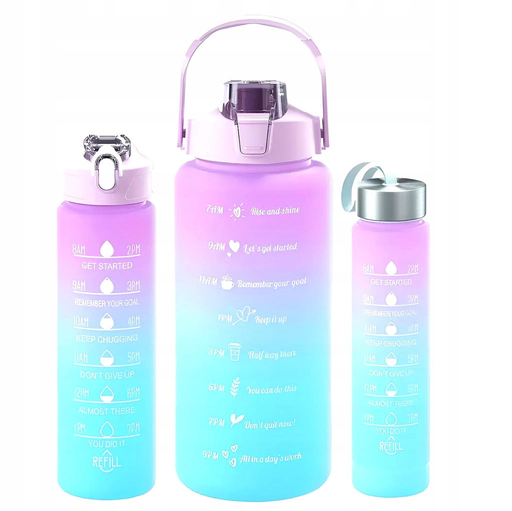 SET OF 3PCS WATER BOTTLE WITH MEASURING CUP FITNESS GYM 2L 750ML 300ML