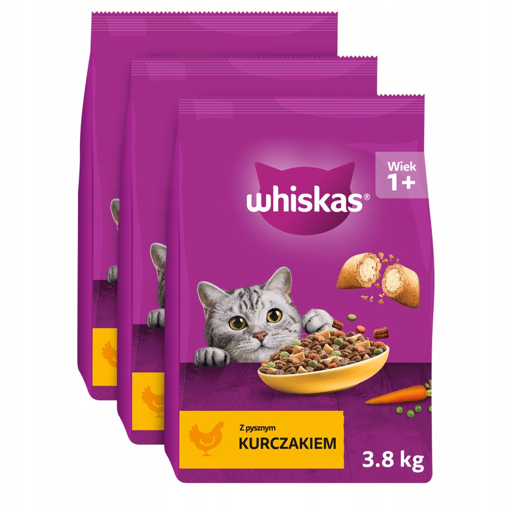 SET OF 3X WHISKAS ADULT WITH DELICIOUS CHICKEN - DRY CAT FOOD 3,8KG