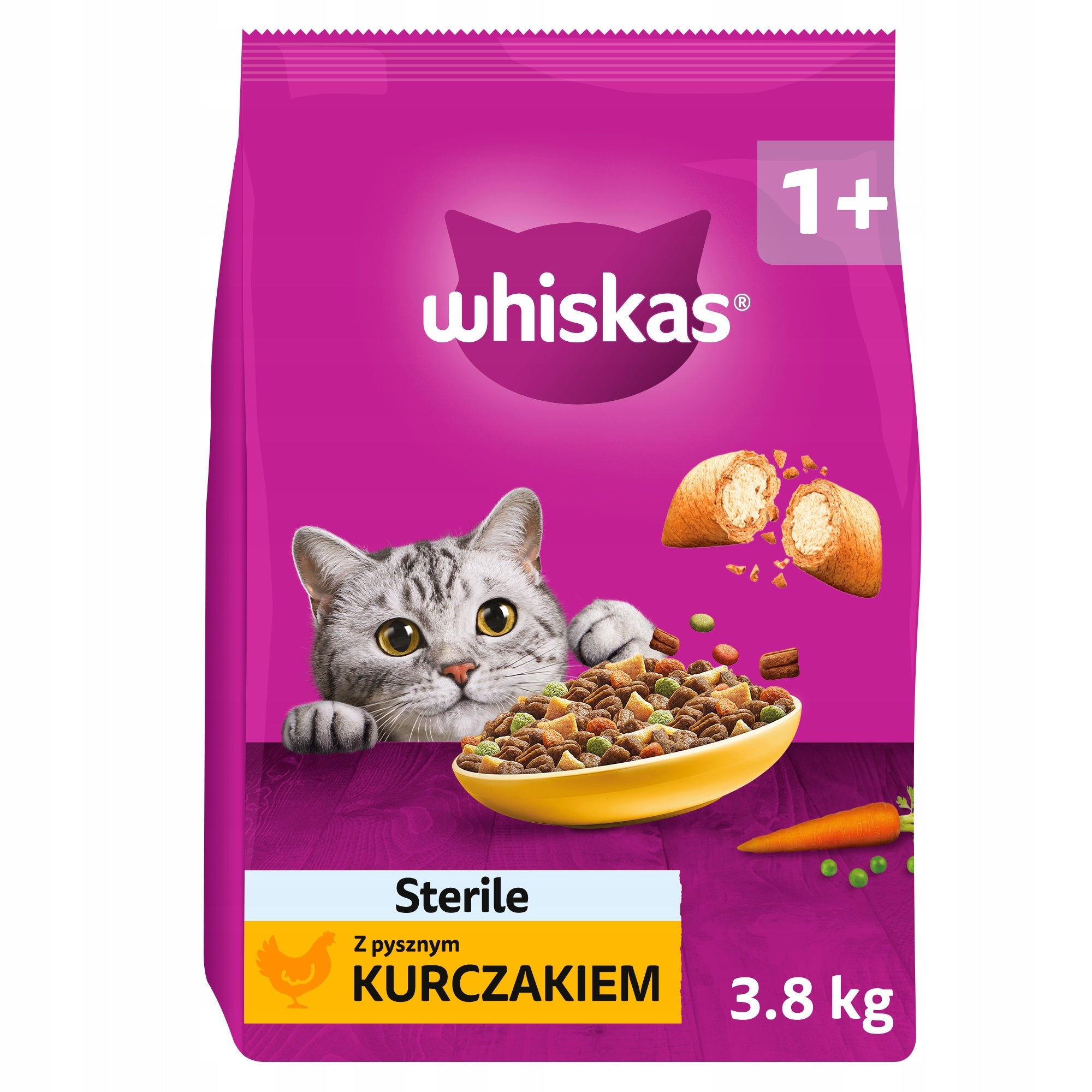 SET OF 3X WHISKAS STERILE WITH DELICIOUS CHICKEN - DRY CAT FOOD 3,8KG Manufacturer code 5900951355899