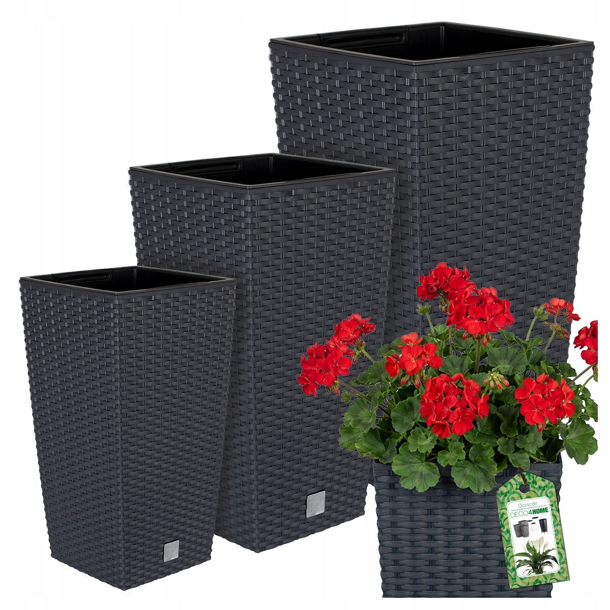 SET OF 3x FLOWER POT BALCONY GARDEN RATTAN FLOWERBED ANTHRACITE CARTRIDGE