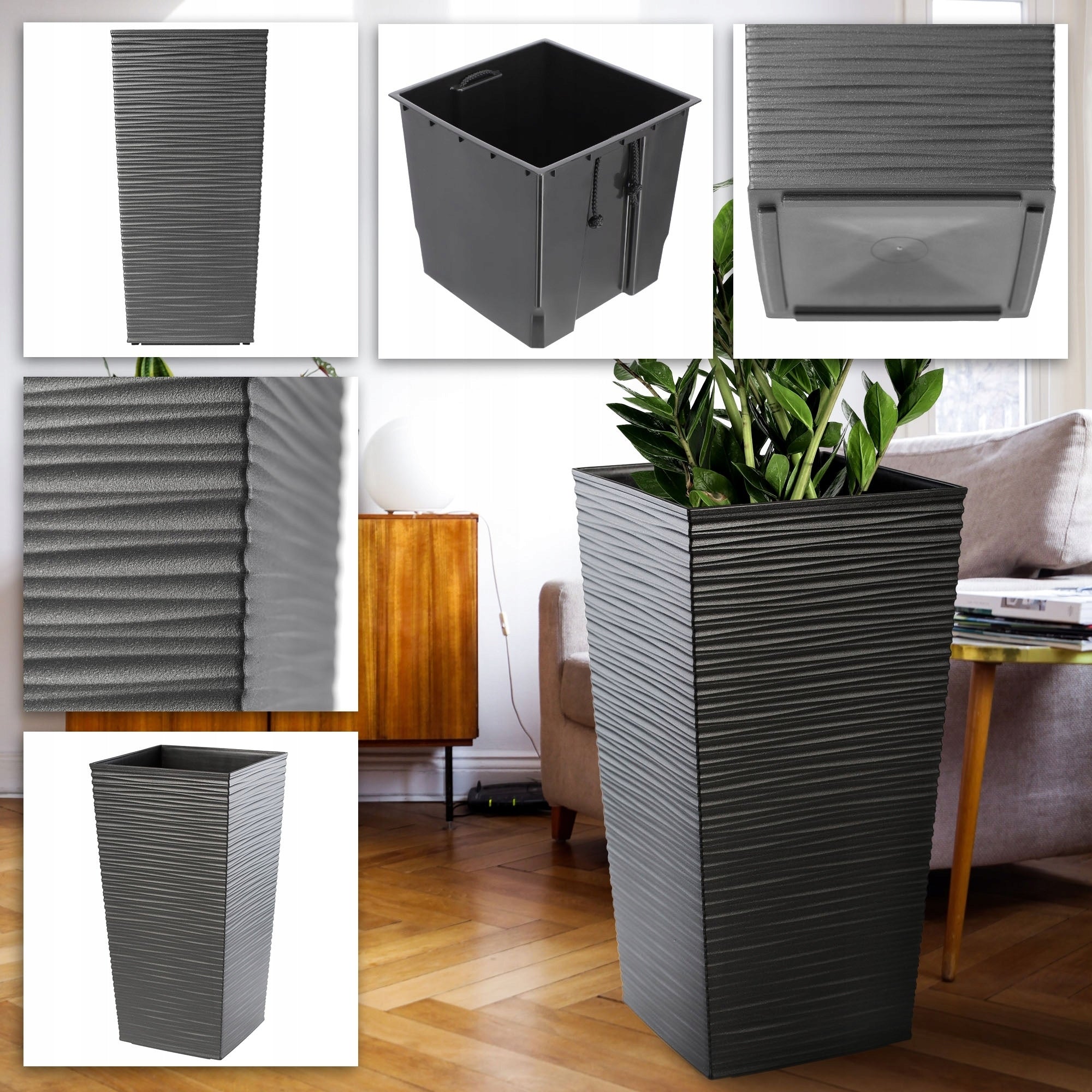 SET OF 3x GARDEN PLANTER LARGE HIGH + CARTRIDGE GRAPHITE 47+57+68 cm Product height 68 cm