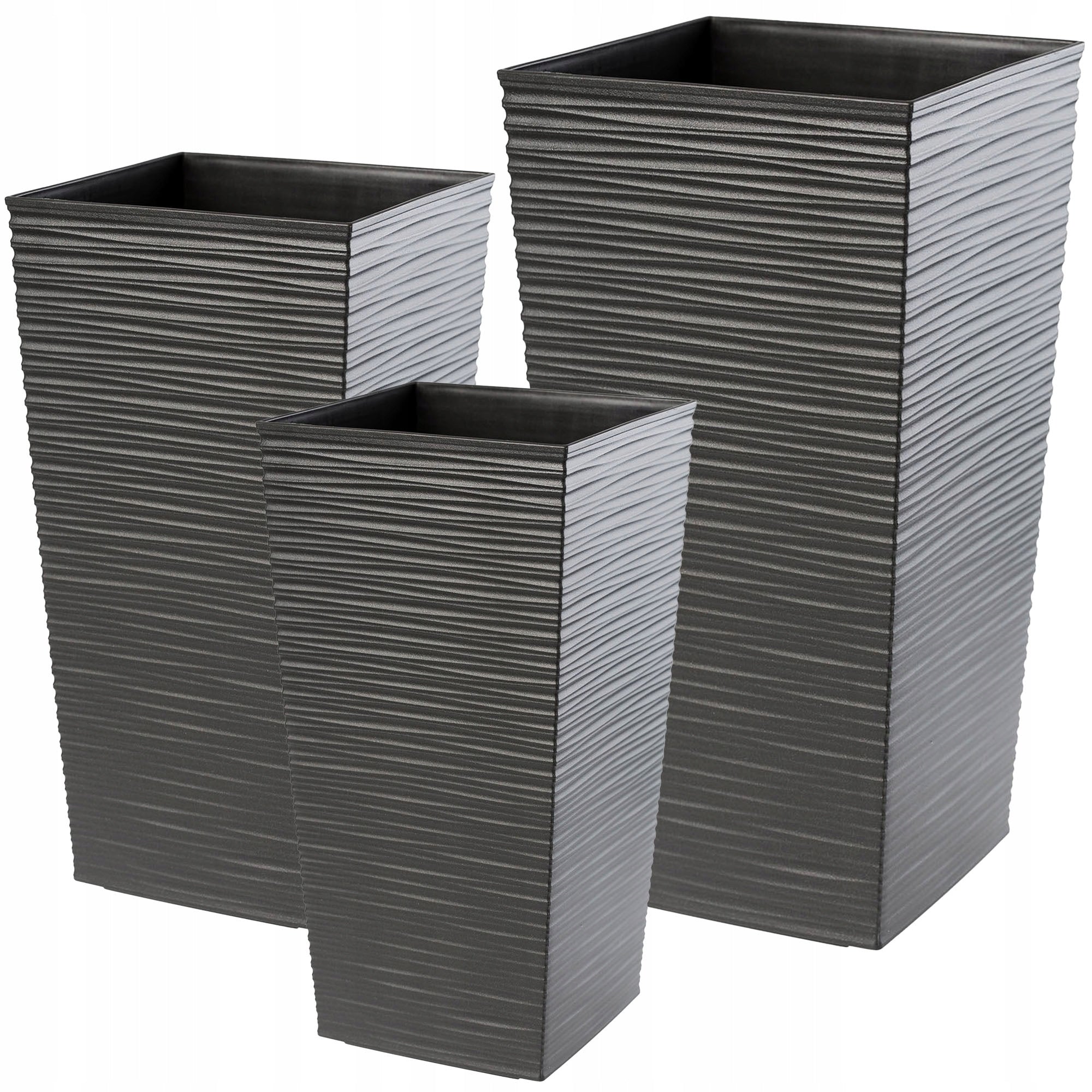 SET OF 3x GARDEN PLANTER LARGE HIGH + CARTRIDGE GRAPHITE 47+57+68 cm Shape square