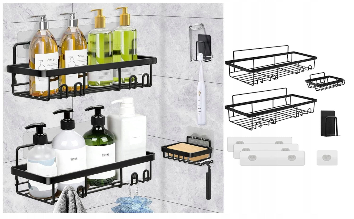SET OF 4 BATHROOM SHOWER SHELF WITHOUT DRILLING + SOAP DISH S93