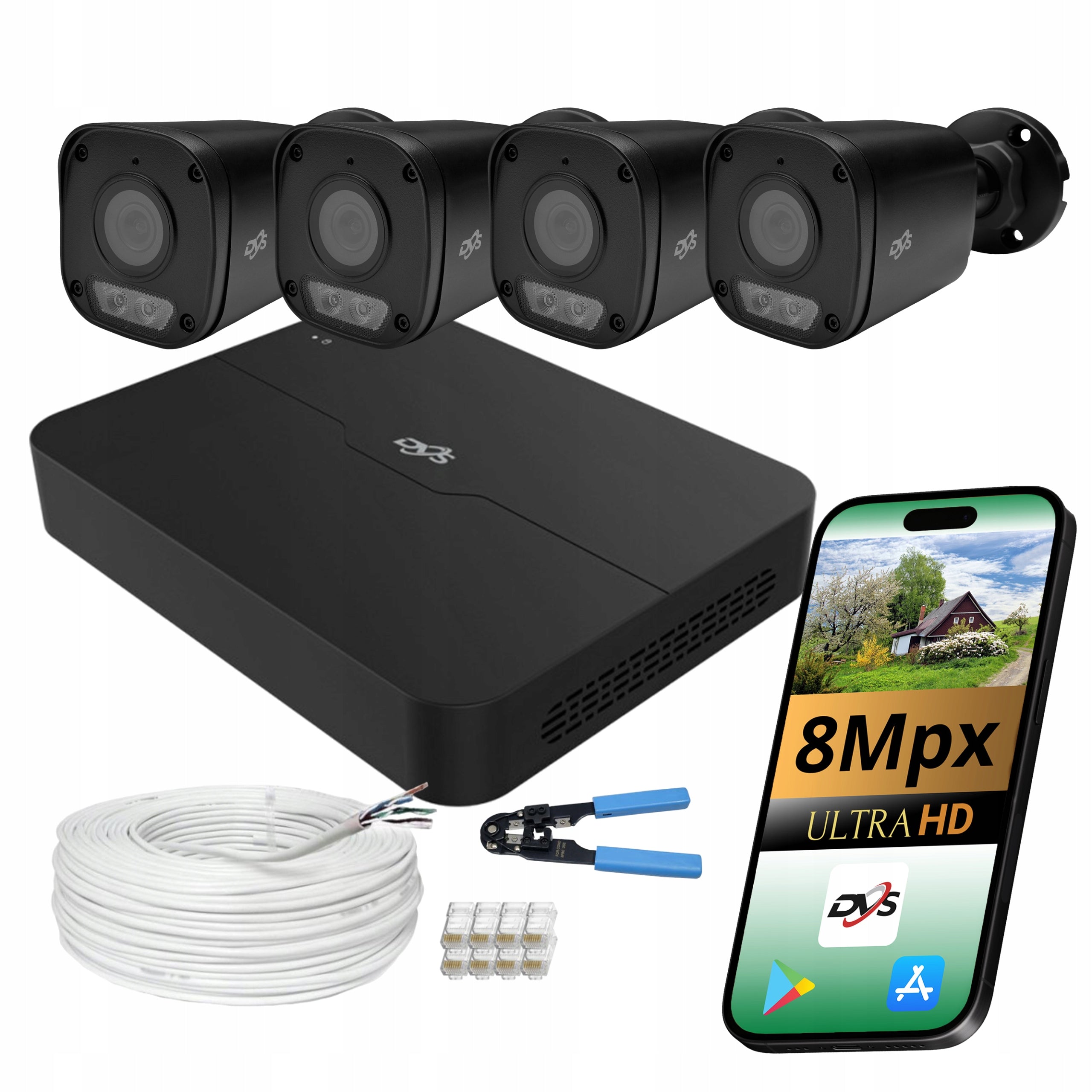 SET OF 4 BLACK CAMERAS FOR MONITORING 8MPX IP POE 4 EXTERNAL CAMERAS