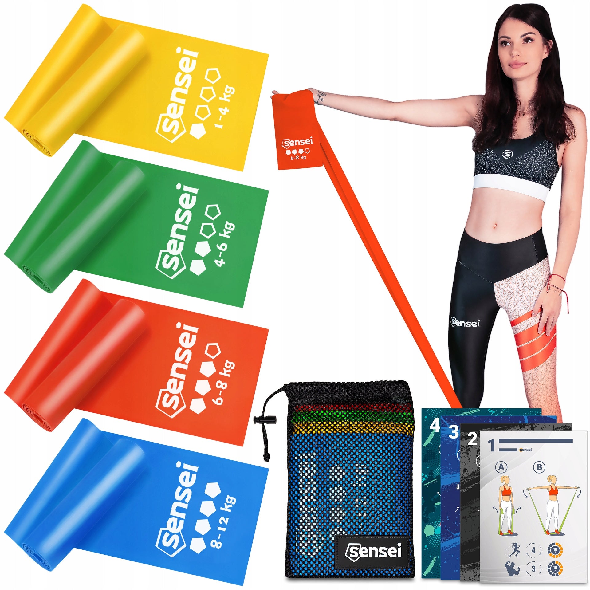 SET OF 4 EXERCISE TAPES, LONG RESISTANCE RUBBERS 2 m - Fitness, Rehabilitation