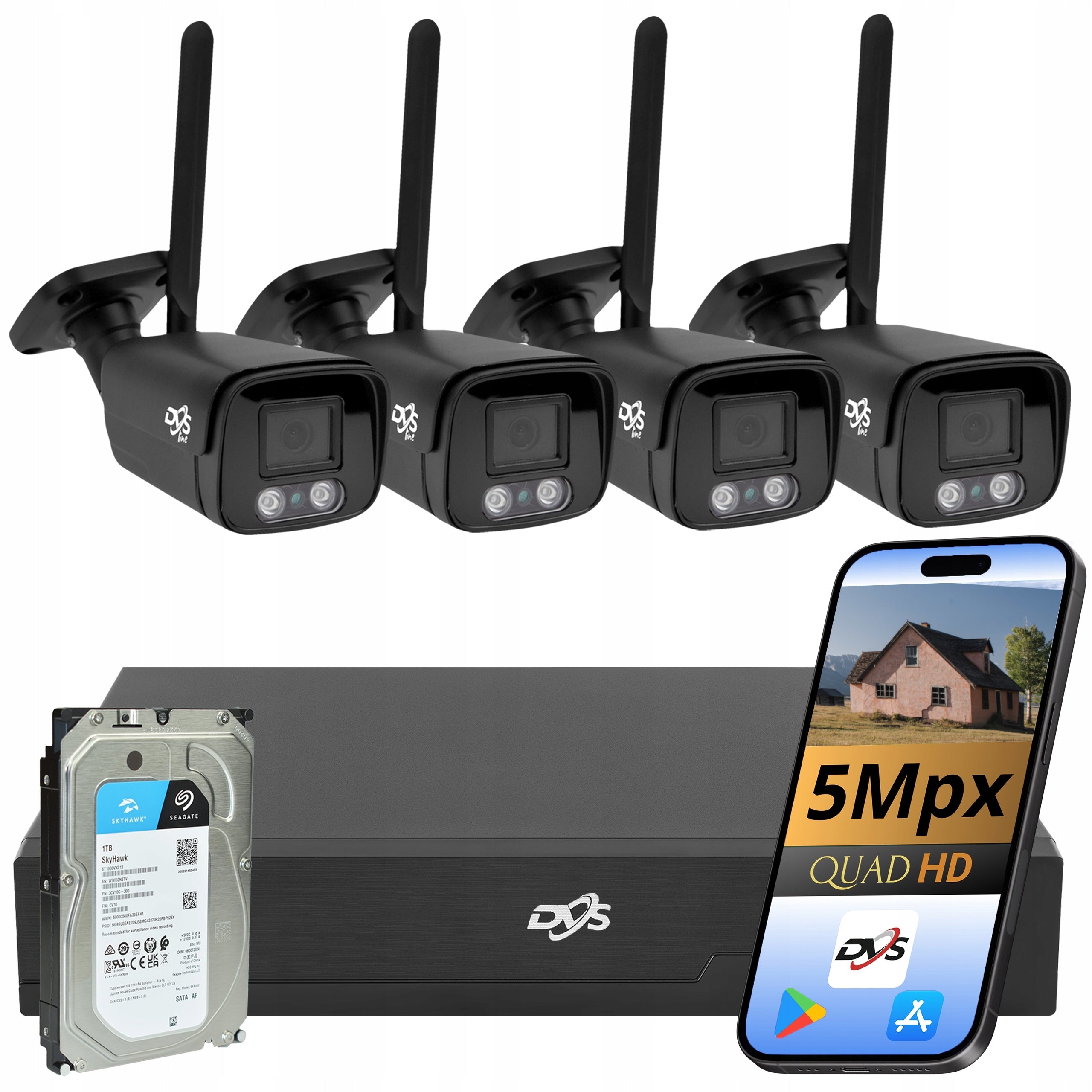 SET OF 4 EXTERNAL WIFI CAMERAS 5MPX RECORDER DISK 1TB PREVIEW