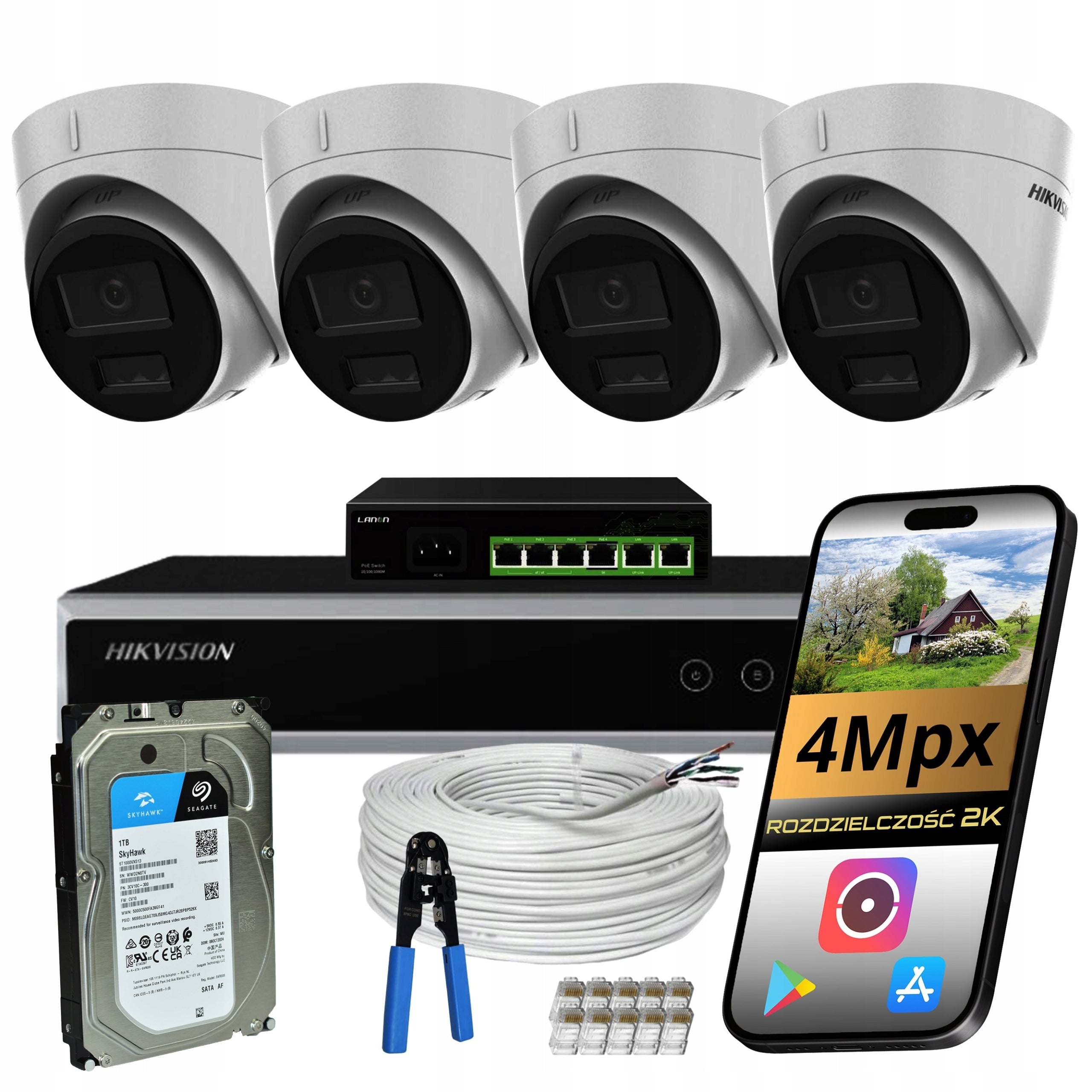 SET OF 4 IP POE SURVEILLANCE CAMERAS 4Mpx DUAL LED IR HIKVISION 1TB SET