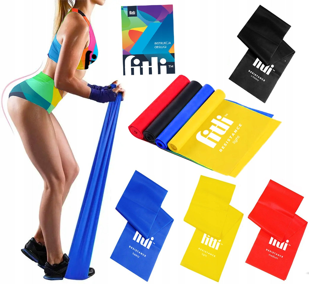 SET OF 4 RUBBER EXERCISE TAPE REHABILITATION FITNESS FLAT BAND 2M