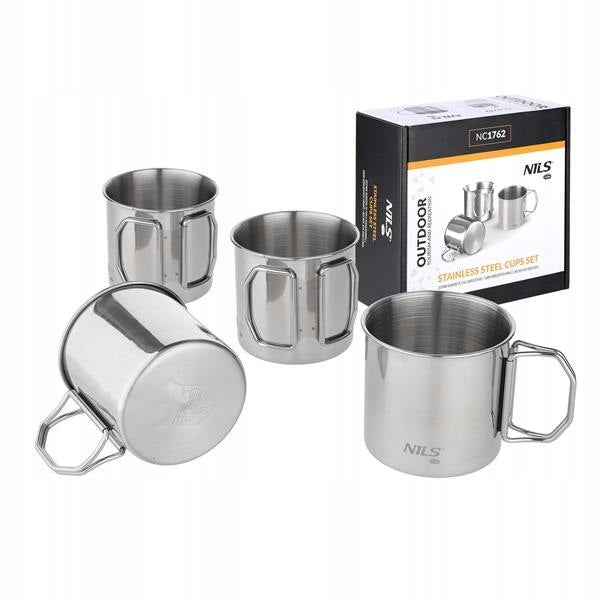 SET OF 4 TRAVEL MUGS STAINLESS STEEL FOLDING HANDLES Color silver