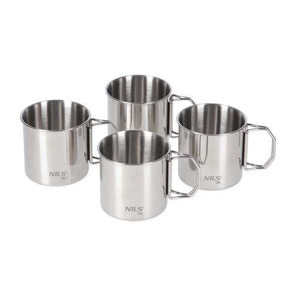 SET OF 4 TRAVEL MUGS STAINLESS STEEL FOLDING HANDLES
