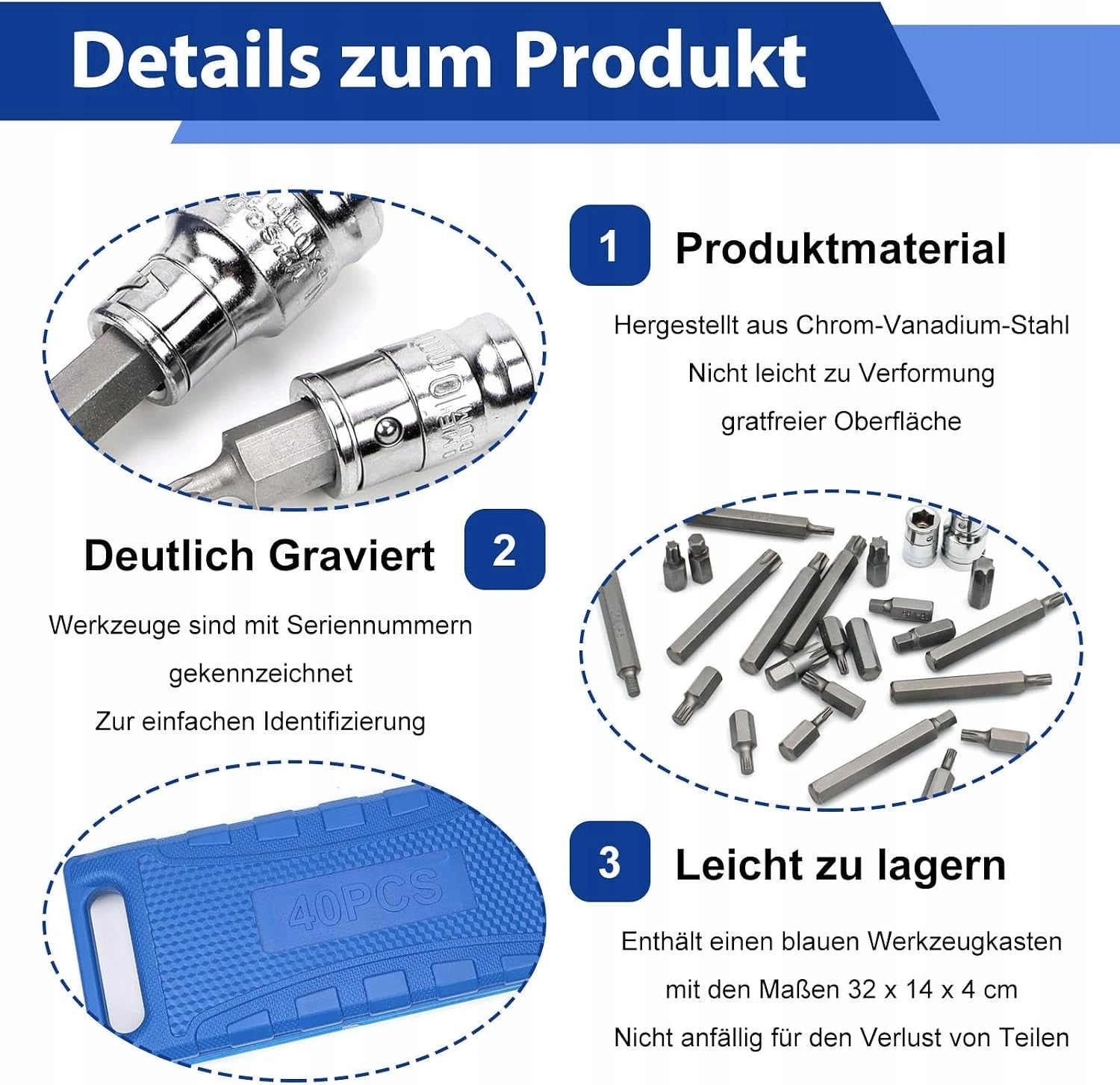 SET OF 40 SOCKET WRENCHES TORX HEX SPLINE SUITCASE BLUE Manufacturer code KLUCZE NASADOWE TORX HEX SPLINE ZESTAW W