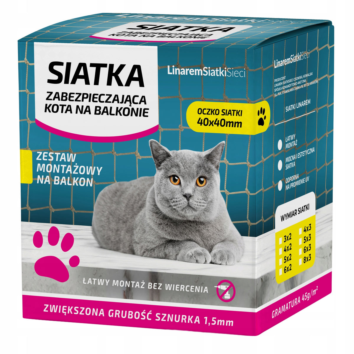 SET OF 4x2 THICK CAT NET 1,5mm FOR BALCONY EYE 40mm WITHOUT DRILLING