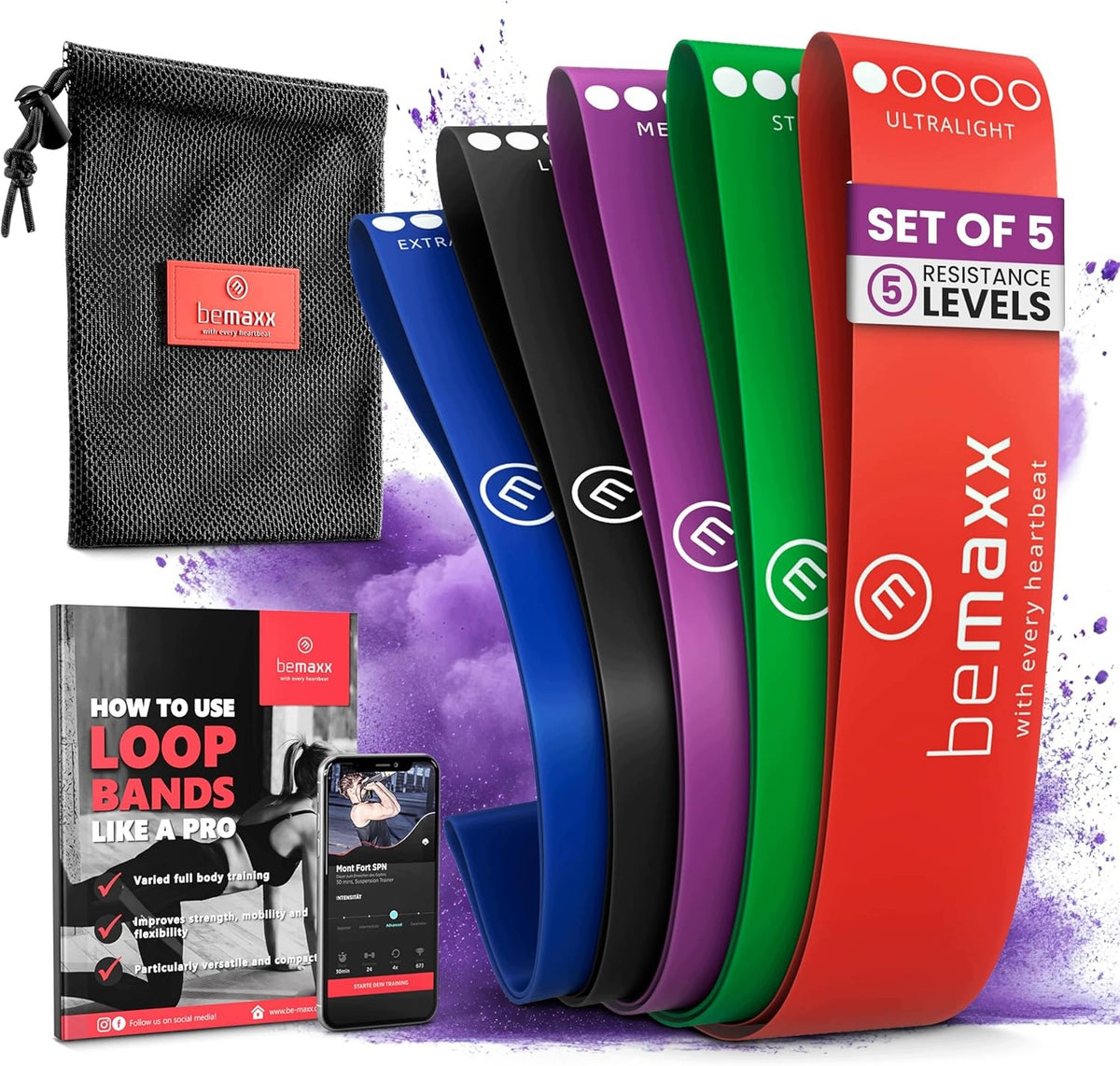 SET OF 5 LATEX FITNESS BANDS RESISTANCE LOOPS + EBOOK TRAINING