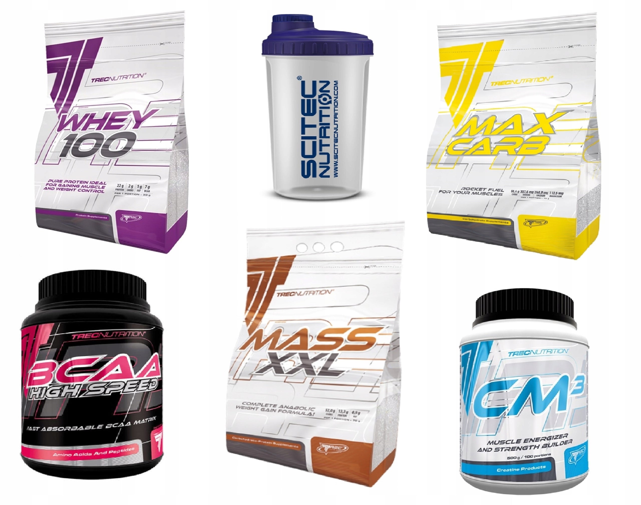 SET OF 5 NUTRIENTS FOR MASS AND STRENGTH PROTEIN BCAA GAINER
