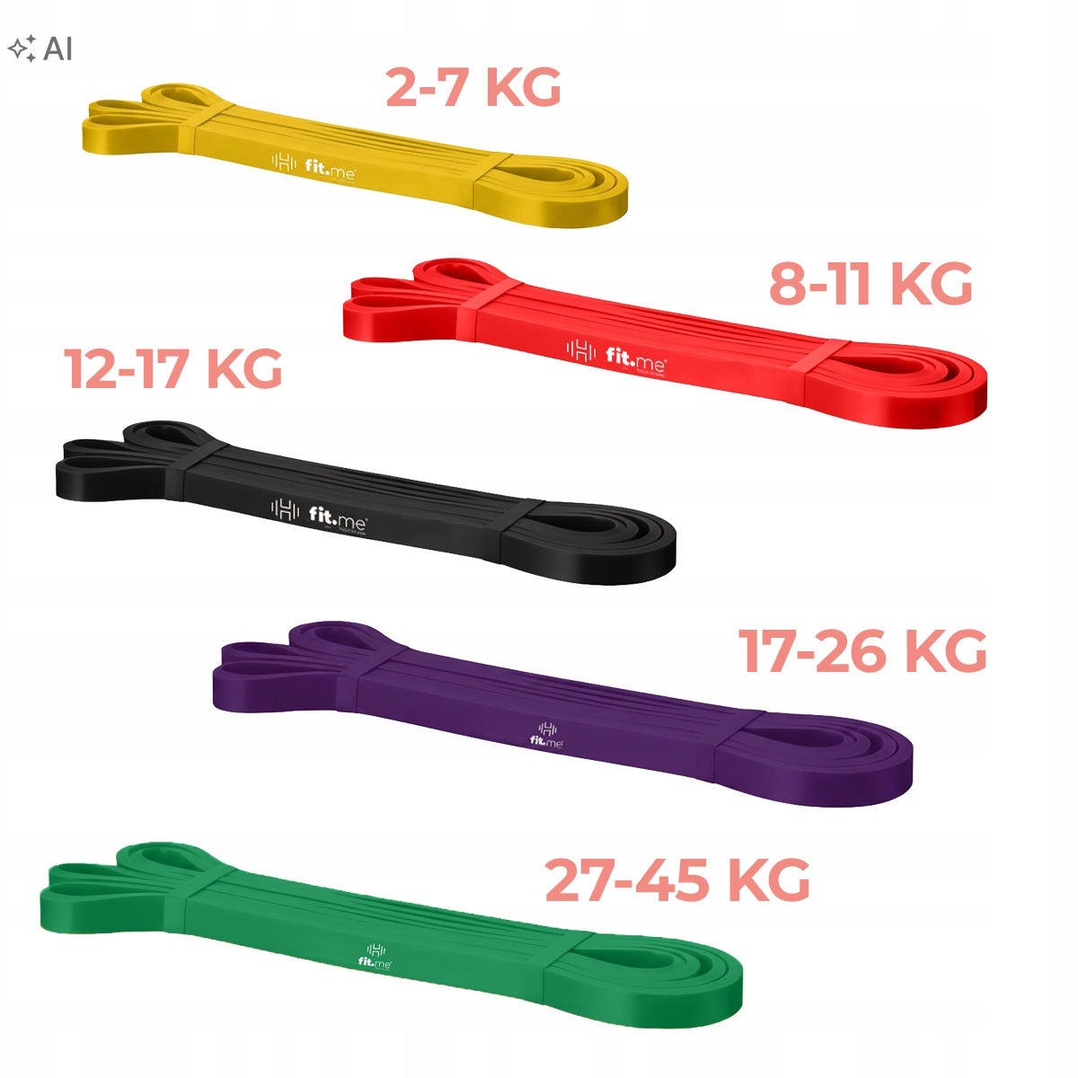 SET OF 5 POWERBAND STRETCHING RESISTANCE RUBBERS FROM 2 TO 45 kg Packaging status original