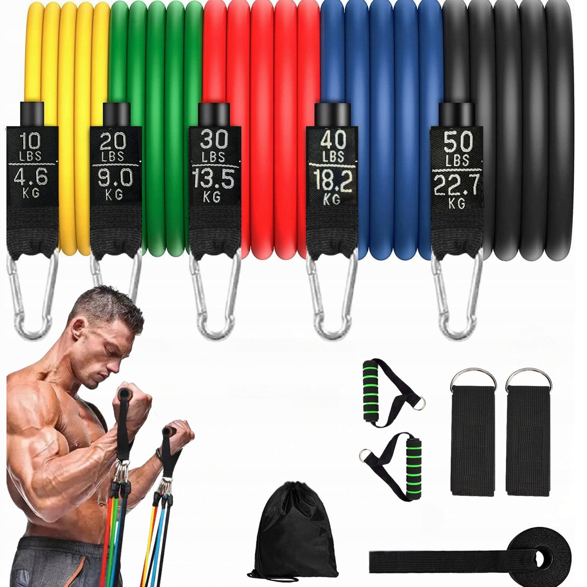 SET OF 5 RESISTANCE BANDS FOR EXERCISE 4,6-68,2KG + EXPANDER HANDLES