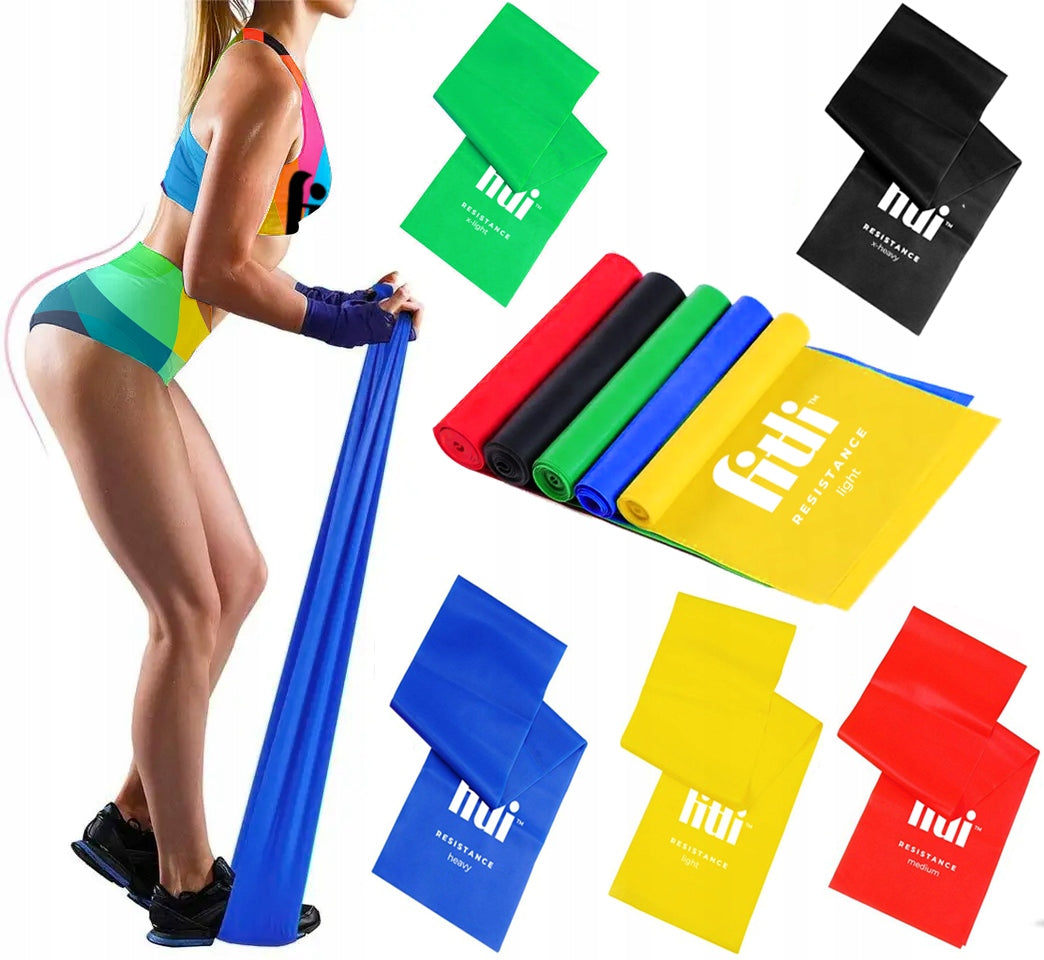 SET OF 5 RUBBER EXERCISE TAPE REHABILITATION FITNESS FLAT BAND 2M