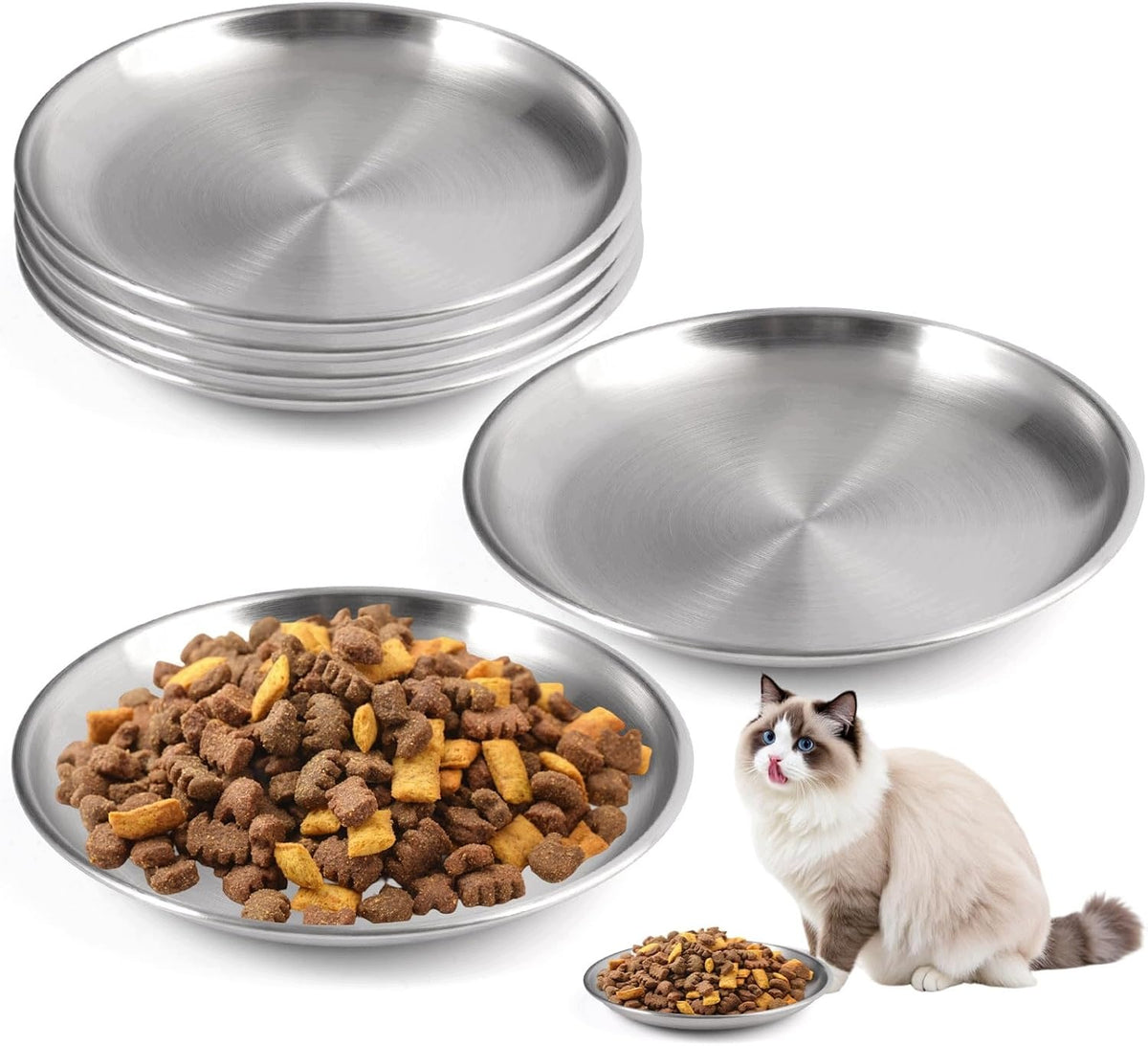SET OF 6 CAT BOWLS STAINLESS STEEL 14CM FLAT