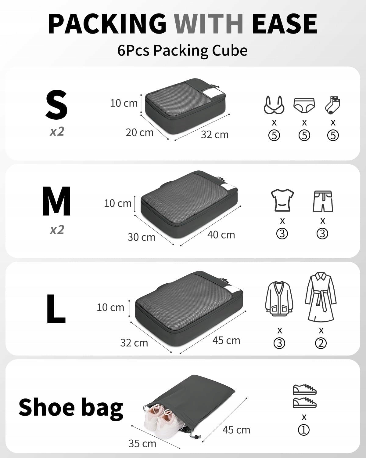 SET OF 6 ORGANIZERS FOR SUITCASE PACKING TRAVEL BAGS Color gray