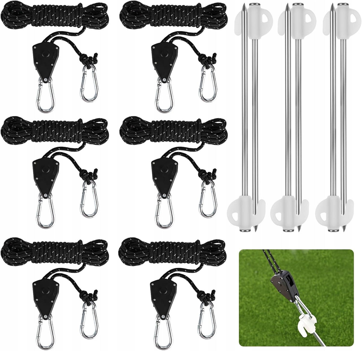 SET OF 6 ROPE TENSIONERS 4M SAIL TENT GLOWING NAILS