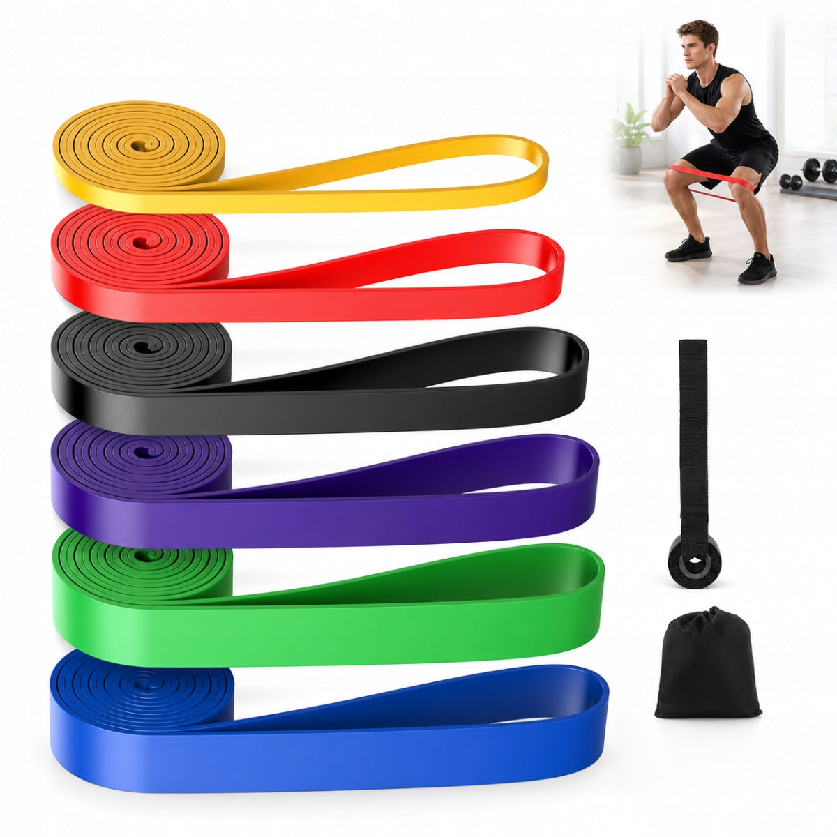 SET OF 6 RUBBER POWER BAND + HANDLE, Resistance Exercise Tapes, Pull-Ups