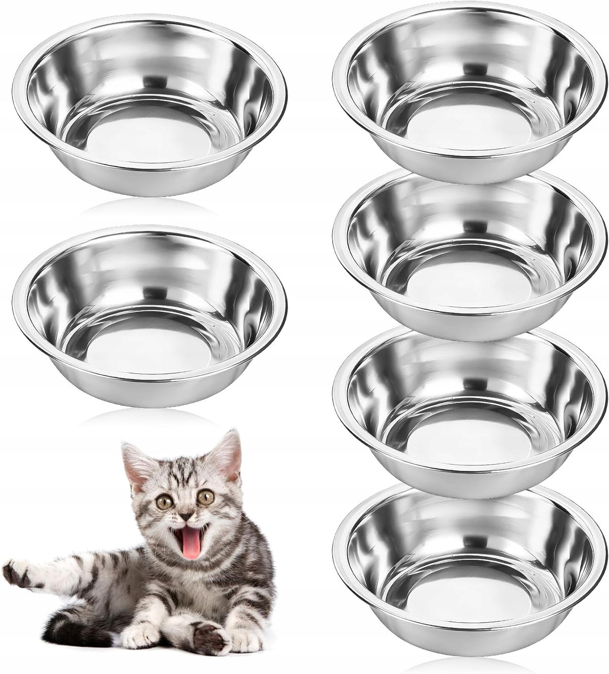 SET OF 6 STAINLESS STEEL CAT BOWLS FLAT MUSTACHE BOWLS