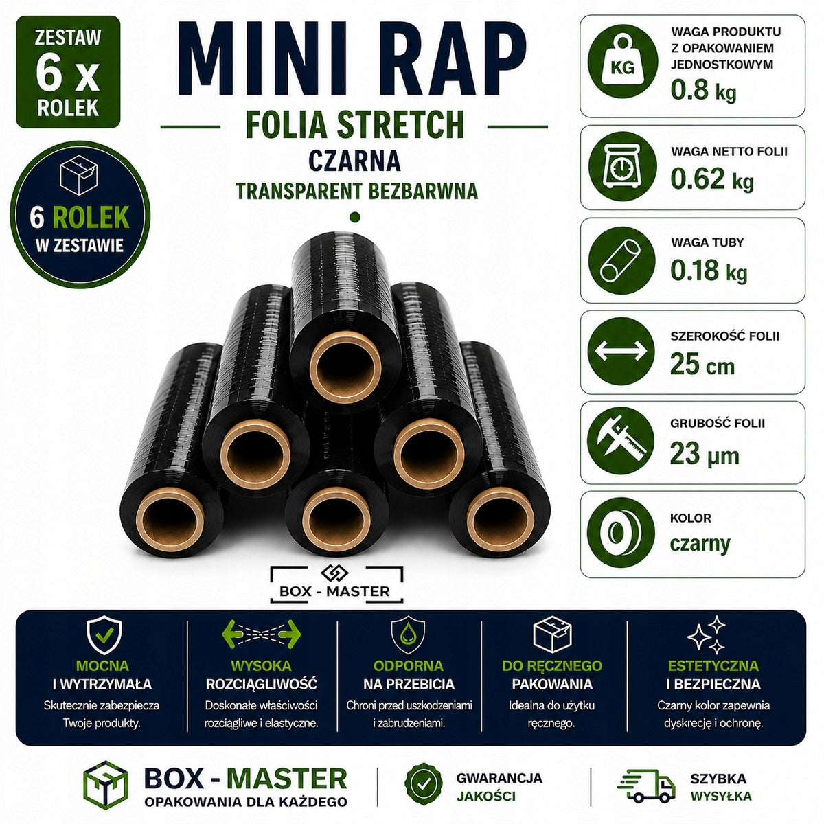 SET OF 6 x STRETCH FILM MINI RAP 0,8 kg gross/0,62 kg net 25 CM BLACK