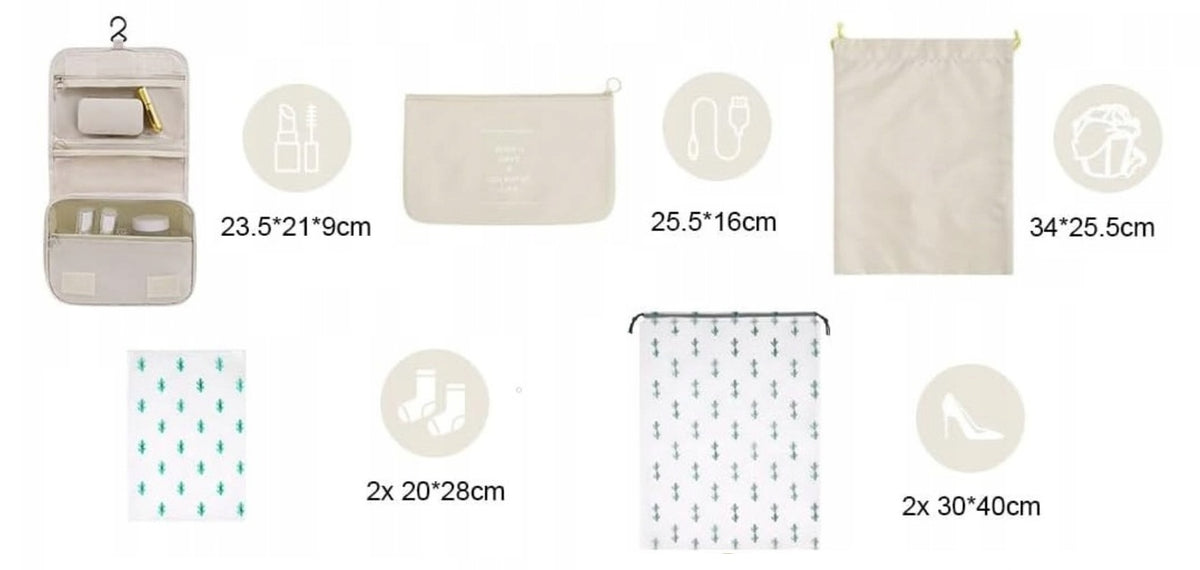 SET OF 7 TRAVEL ORGANIZERS FOR SUITCASE BAGS COSMETIC BAG OSDUE BEIGE Color beige