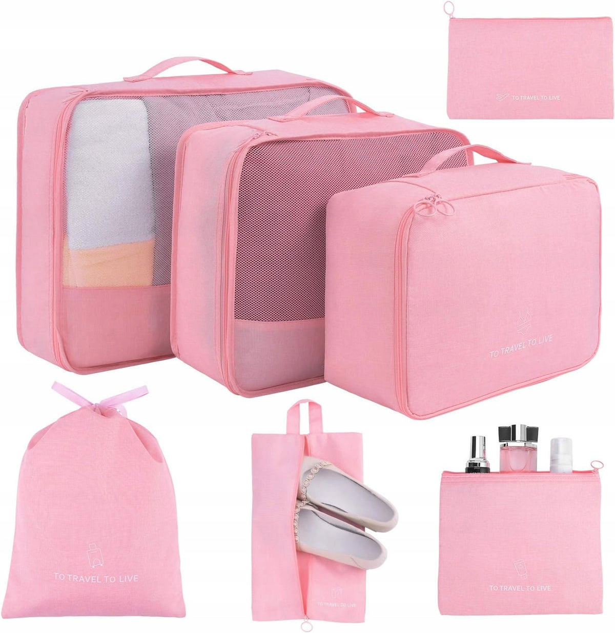 SET OF 7X TRAVEL ORGANIZER FOR PACKING INTO BACKPACK SUITCASE BAGS PINK
