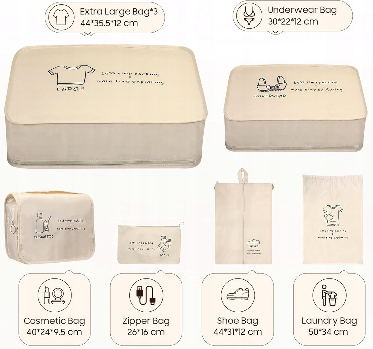 SET OF 8 BEIGE ORGANIZERS FOR CASE WITH PACKING CUBES Color beige