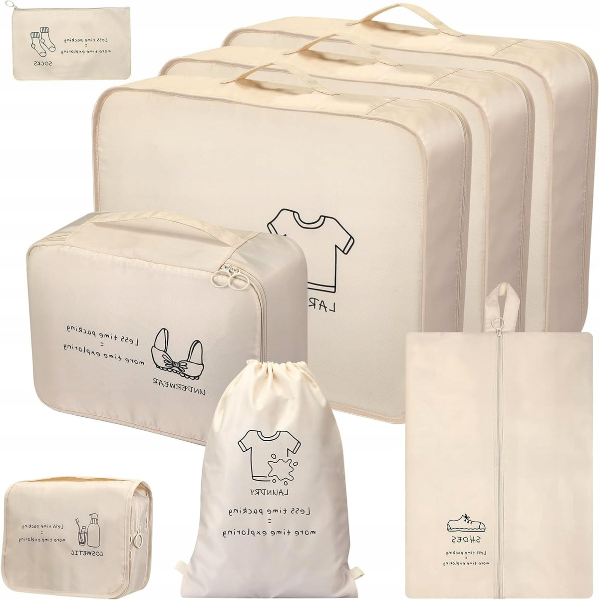 SET OF 8 BEIGE ORGANIZERS FOR CASE WITH PACKING CUBES