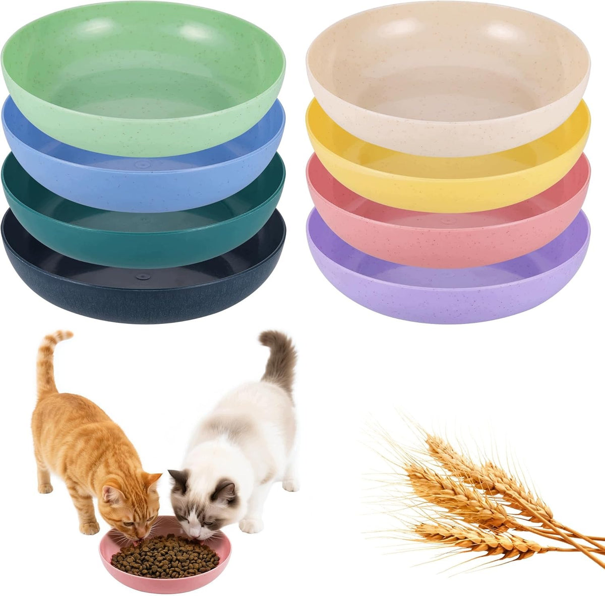 SET OF 8 CAT FOOD BOWLS FLAT WHEAT STRAW COLORFUL