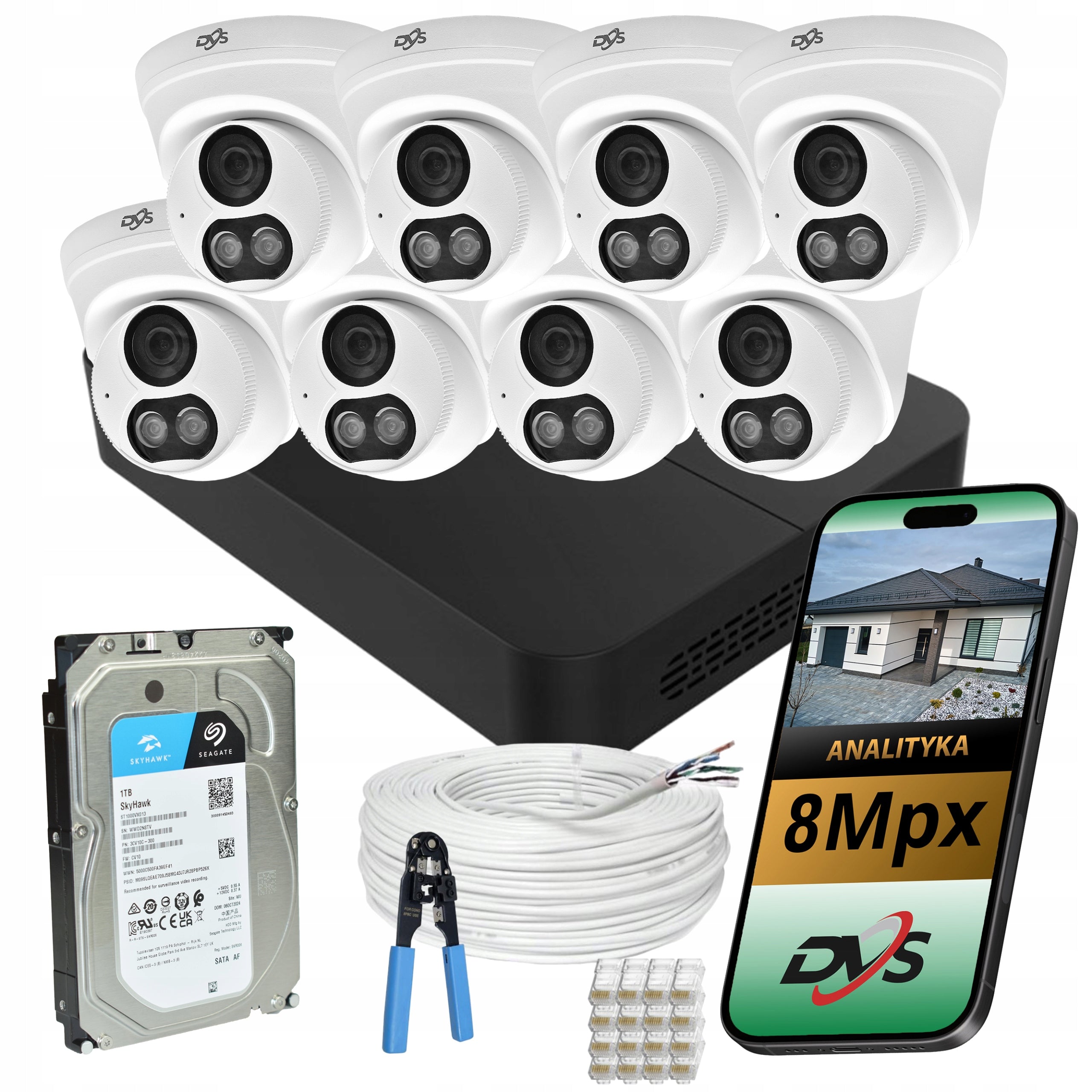 SET OF 8 DOME HOME SURVEILLANCE CAMERAS 4K 8Mpx DVS IP PoE 1TB Audio LED
