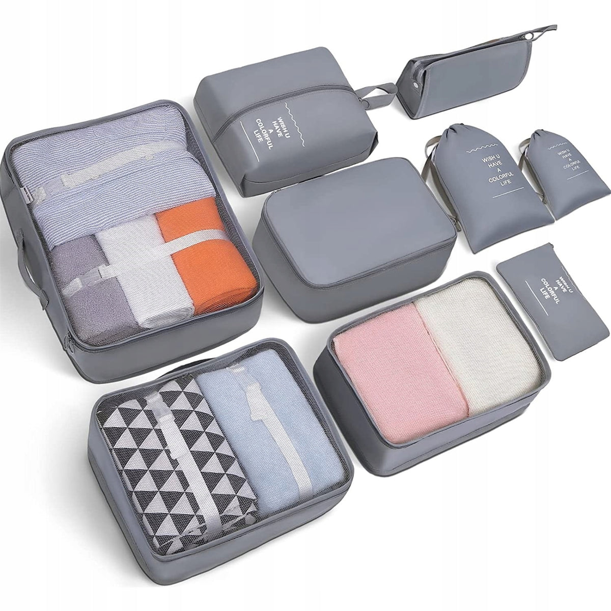 SET OF 9 TRAVEL BAGS ORGANIZER COSMETICS ACCESSORIES Color gray