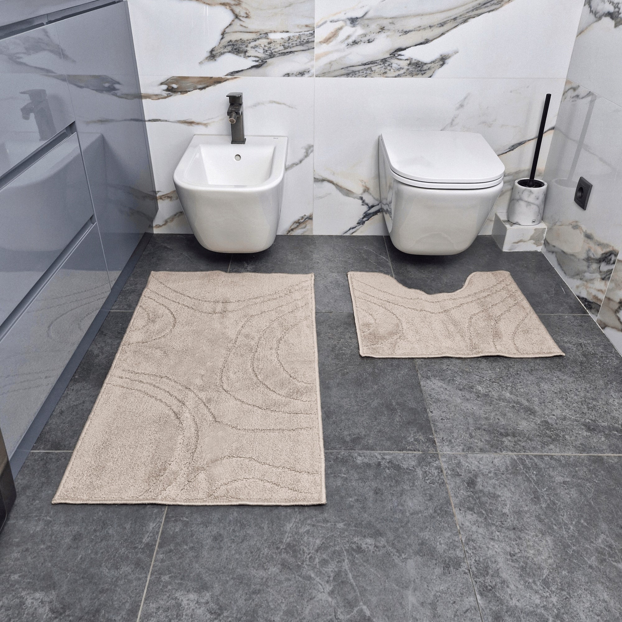 SET OF BATHROOM RUGS JOY 2 PCS 57x100+57x50 cm BEIGE WITH CUTOUT Packaging status original