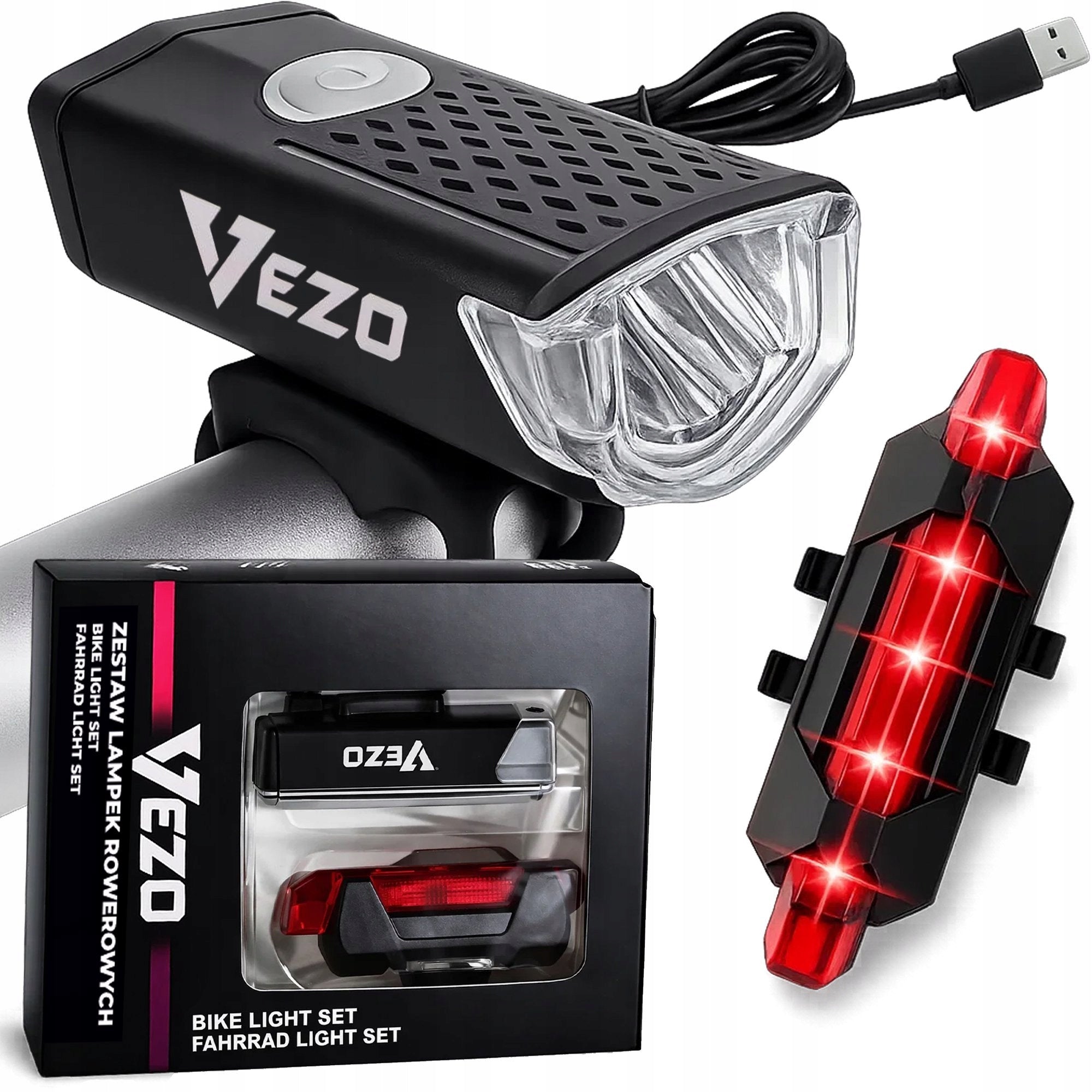 SET OF BICYCLE LIGHTS FRONT + REAR 300 LM 240° USB WATERPROOF VEZO