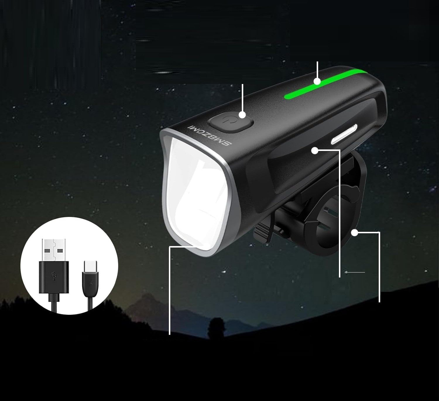 SET OF BICYCLE LIGHTS FRONT REAR LED 100 LUX IPX5 APPROVAL USB-C 2000 Brand no brand