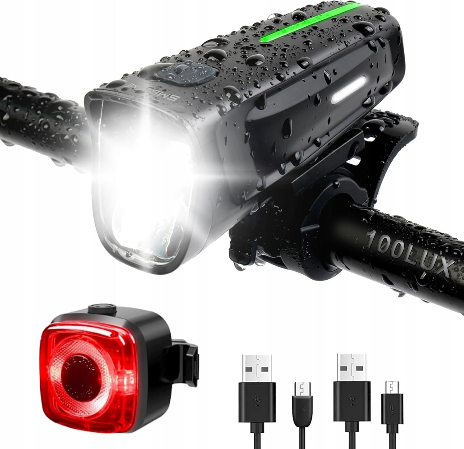 SET OF BICYCLE LIGHTS FRONT REAR LED 100 LUX IPX5 APPROVAL USB-C 2000