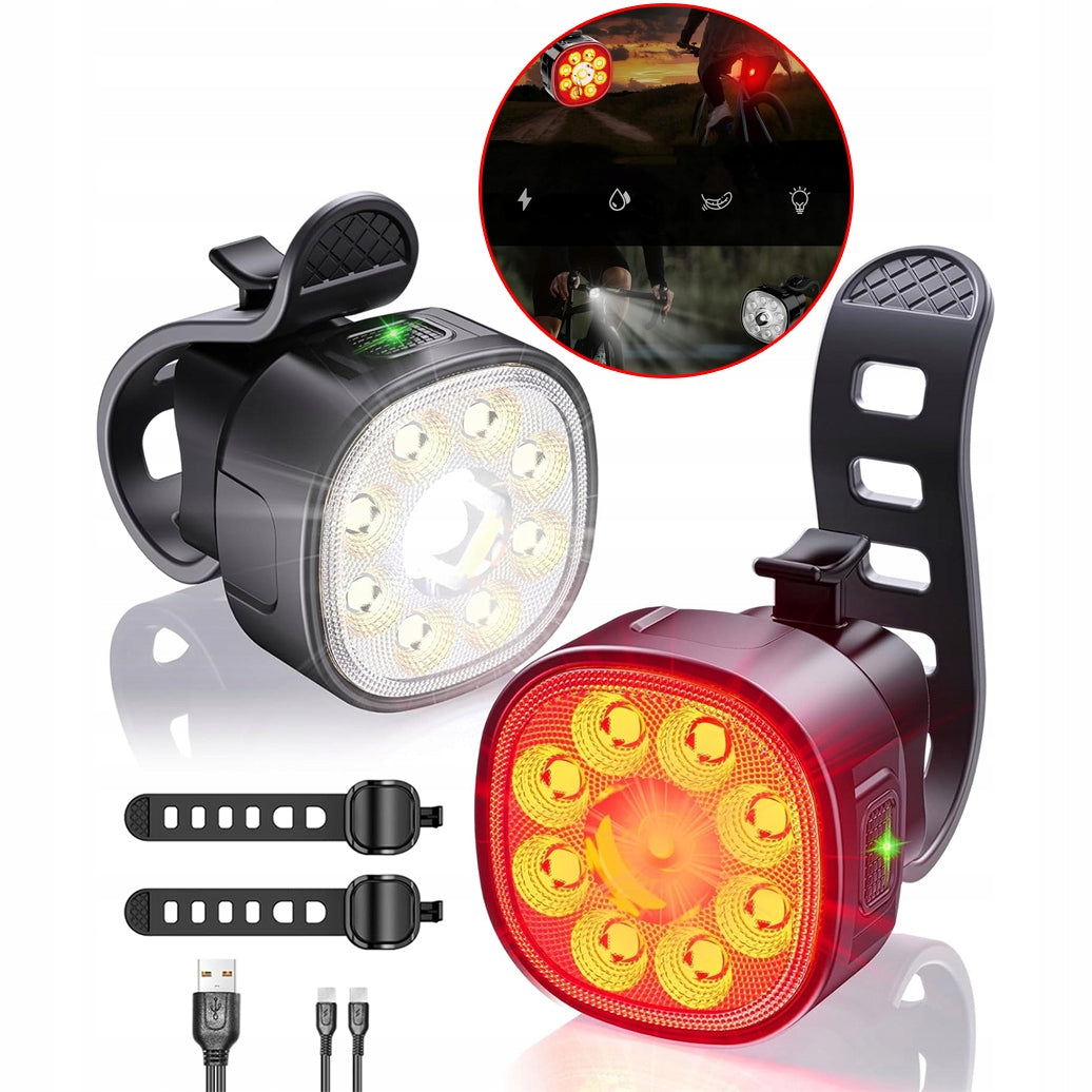 SET OF BICYCLE LIGHTS USB-C FRONT 1100MAH REAR 350MAH WATERPROOF