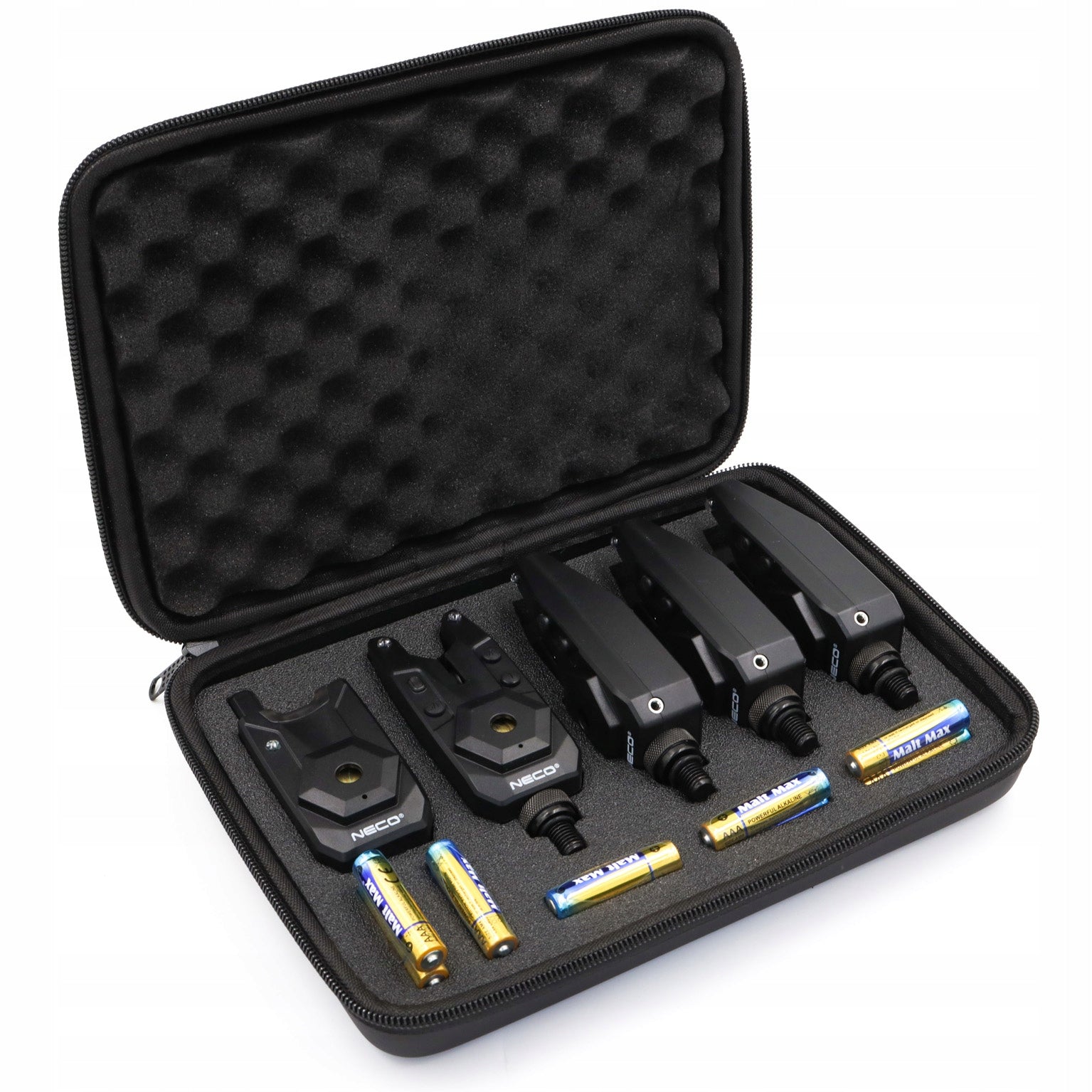 SET OF BITE ALARMS + CONTROL PANEL neco 4+1 BASE-X + batteries + SUITCASE Brand Neco
