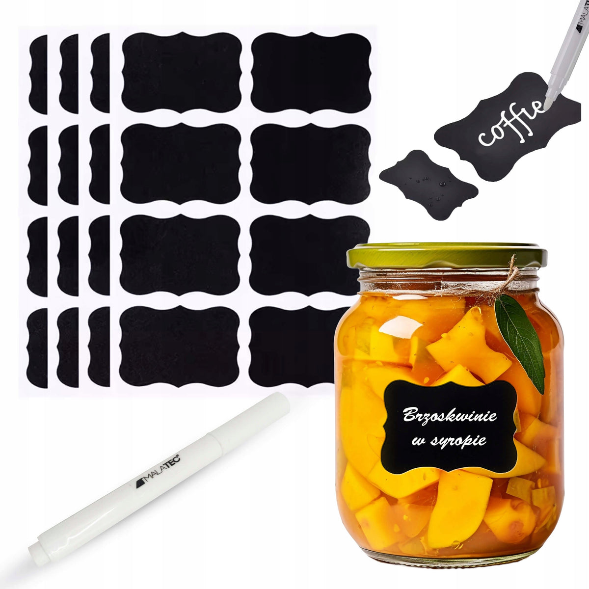SET OF BLACK ADHESIVE LABEL STICKERS 32 PCS WHITE MARKER PEN