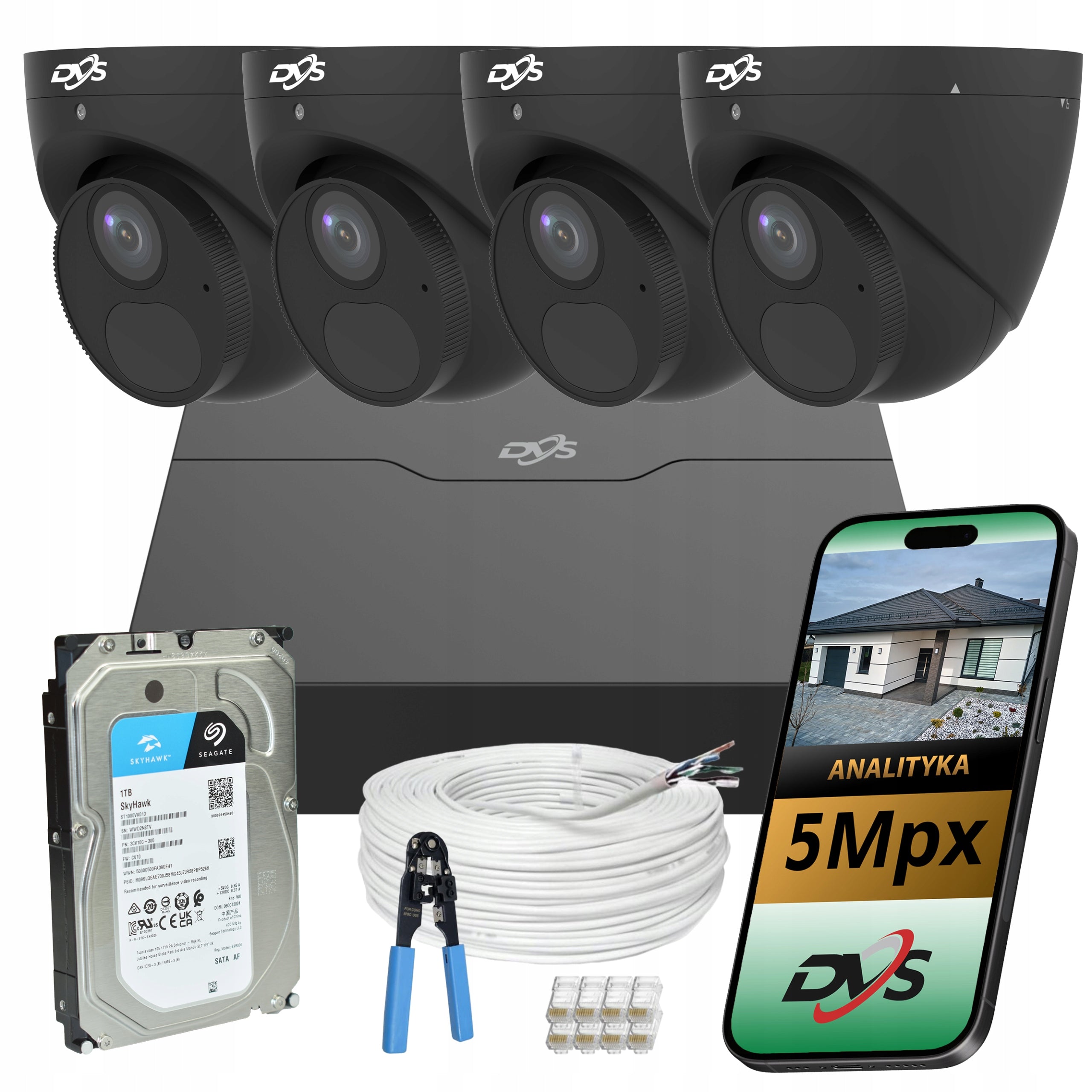 SET OF CAMERAS FOR MONITORING IP CAMERAS 5Mpx POE METAL BLACK SMART DVS