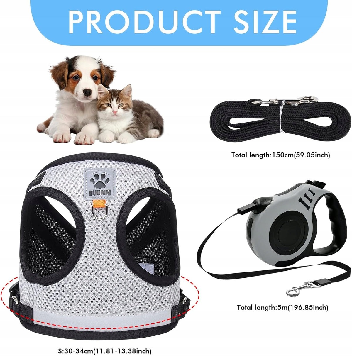 SET OF CAT HARNESS WITH AUTOMATIC RETRACTABLE LEASH 5 M GREY Brand Adac