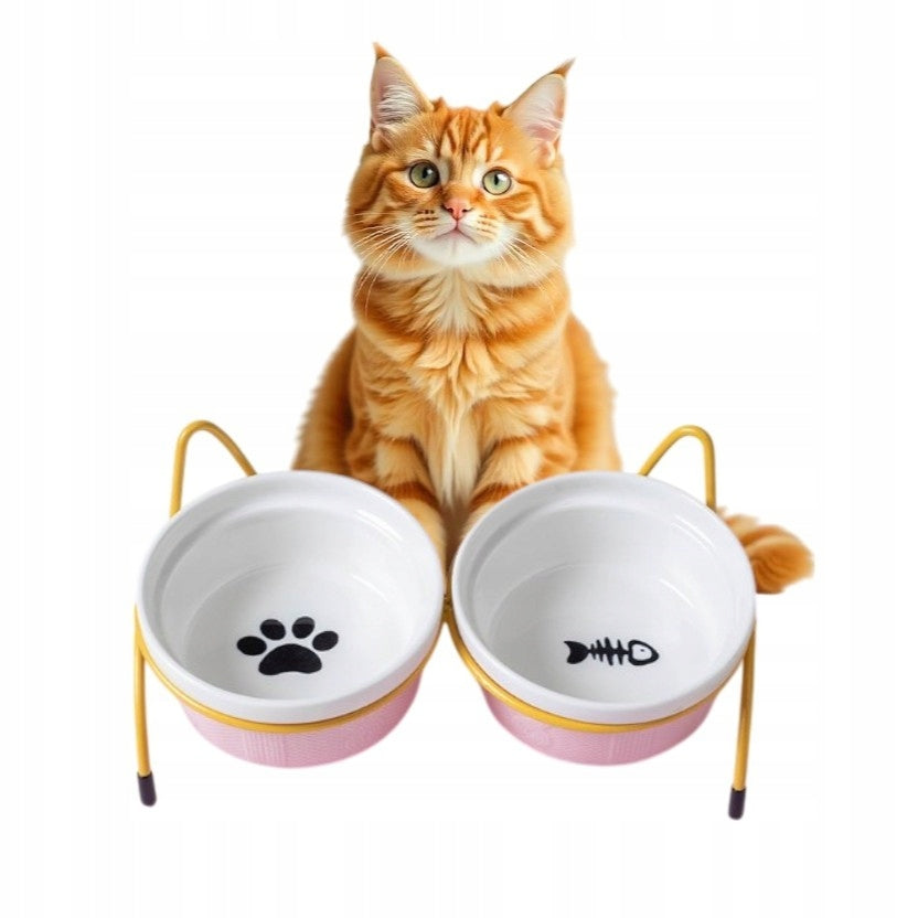 SET OF CERAMIC CAT FOOD BOWLS, METAL TASTEFUL STAND