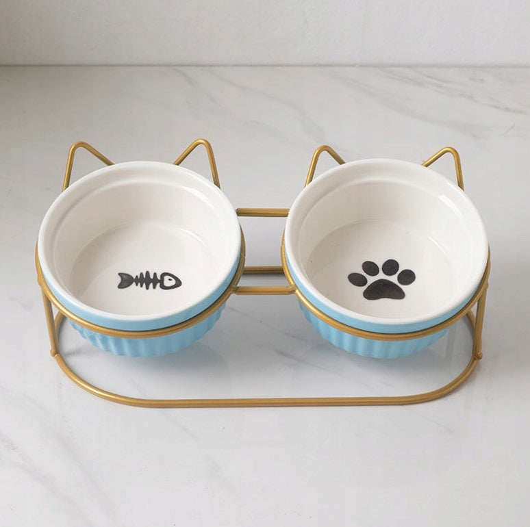 SET OF CERAMIC CAT FOOD BOWLS ON A STAND MODERN TASTEFUL Kind double bowl set