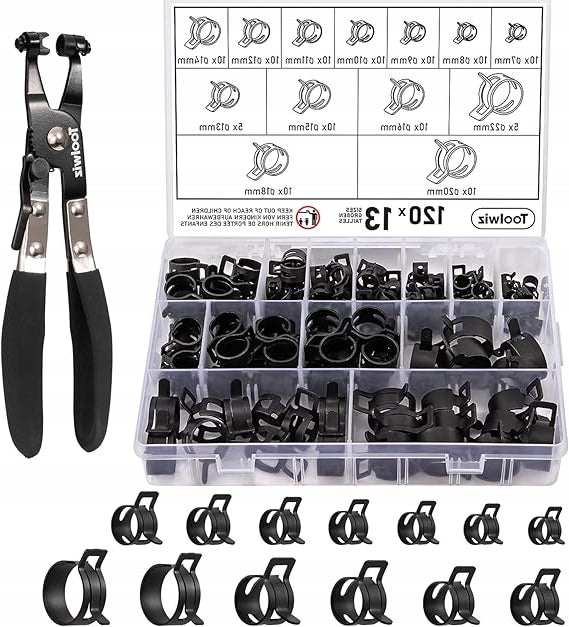 SET OF CLAMPS FOR SPRING HOSES 120 PCS 15 SIZES 6 TO 25 MM