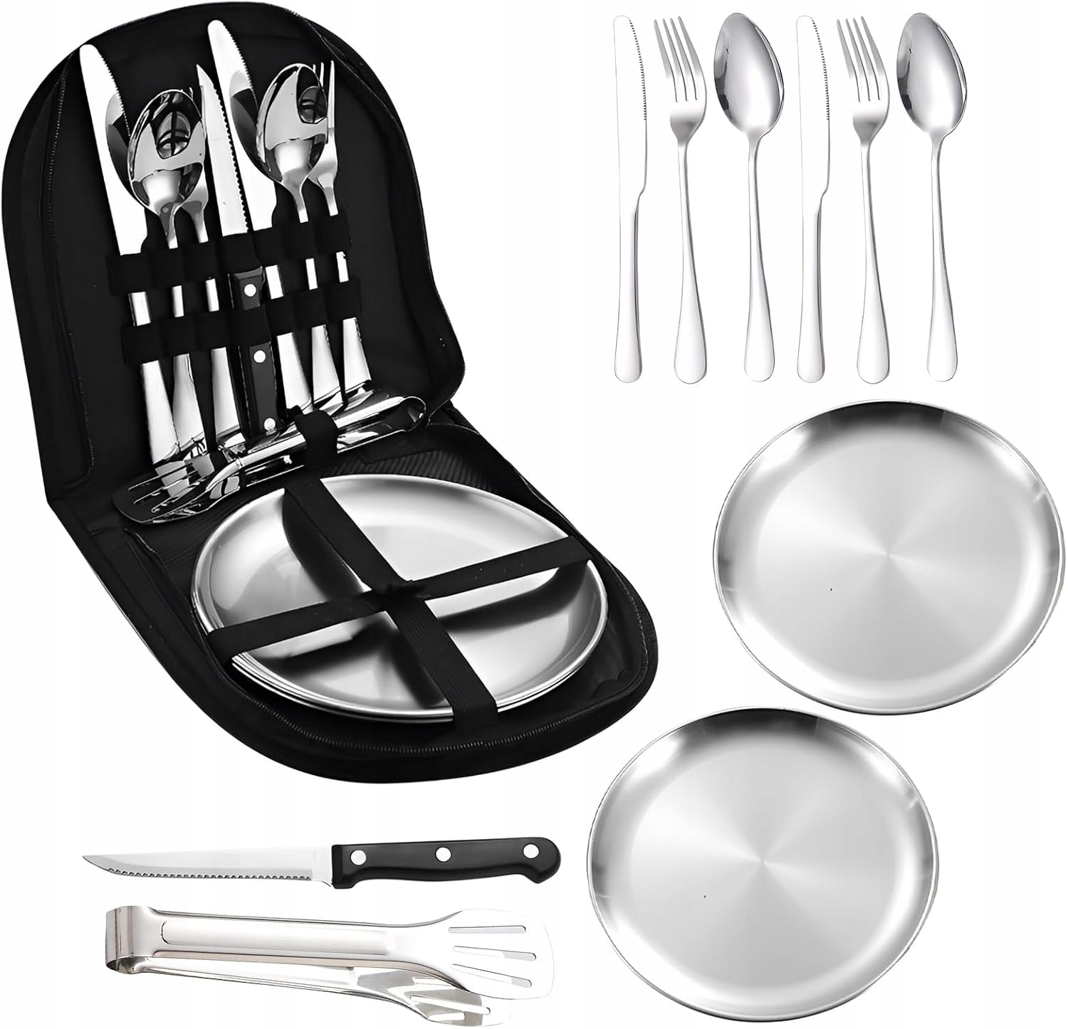SET OF CUTLERY DISHES FOR CAMPING PICNIC TRAVEL FOR 2 PEOPLE SILVER 10el