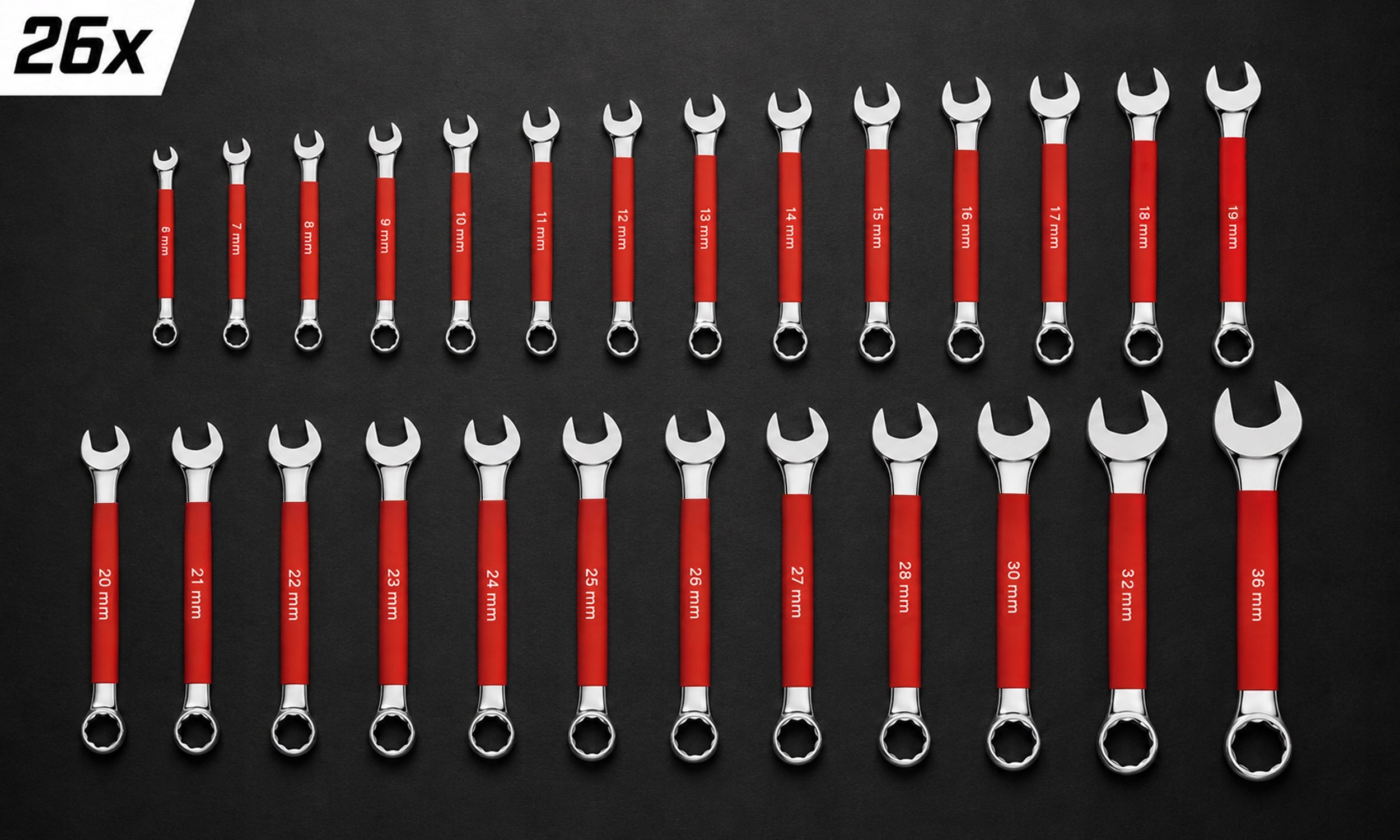 SET OF FLAT-EYE WRENCHES 6-36mm 26 PCS STEEL CR-V WRENCHES ON SHEET Packaging status original