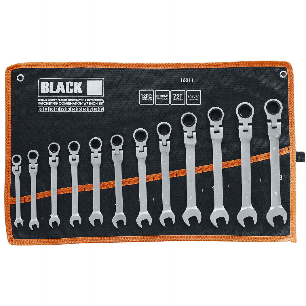 SET OF FLAT RATCHET WRENCHES BROKEN 8-19mm 12PC SHEET BLACK Brand Black