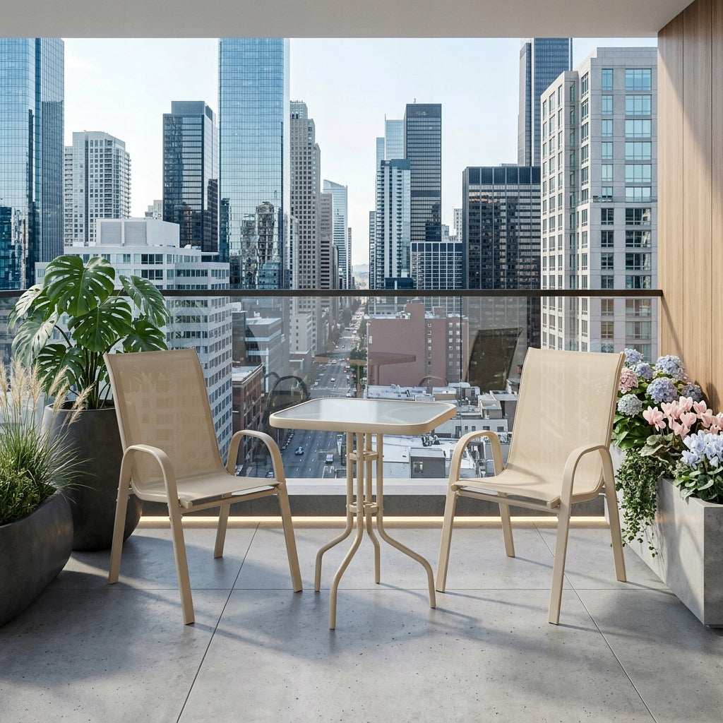 SET OF FURNITURE FOR SMALL BALCONY TERRACE CHAIRS SQUARE TABLE BEIGE AY008 Main material metal